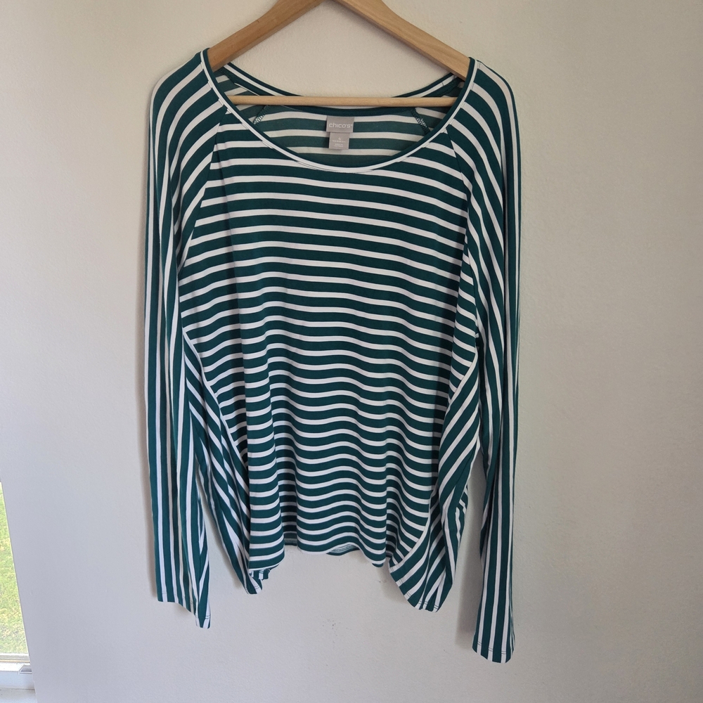 Chico's Striped Long-Sleeve Top Asymmetrical Hem Size 4 (Xxl) Plus Casual Shirt